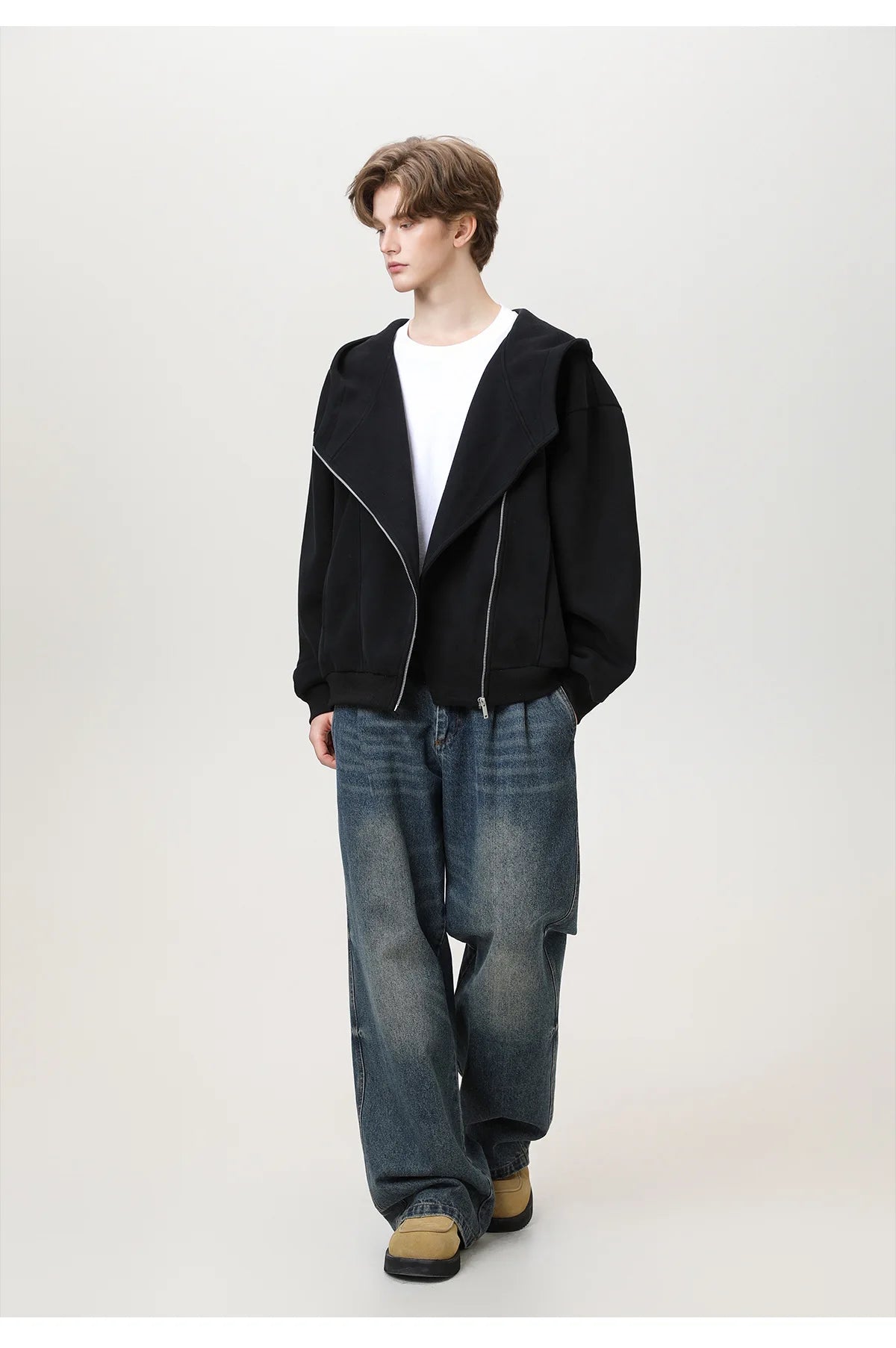 Slant Zipper Hooded Cardigan Jacket