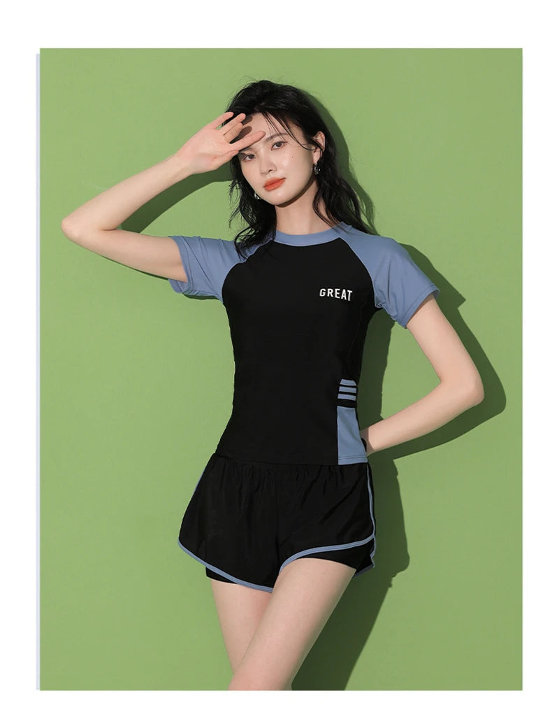 Women Patchwork Short Sleeve Swimsuit