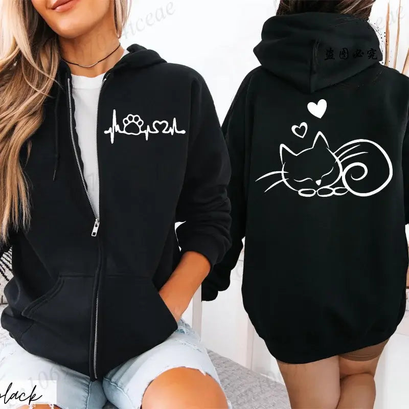 Women Cat Print Zip Hoodie Jacket Streetwear Coat
