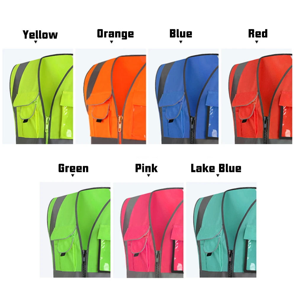 Color options for Hi-Vis safety vests: Yellow, Orange, Blue, Red, Green, Pink, Lake Blue, showcasing reflective safety features.