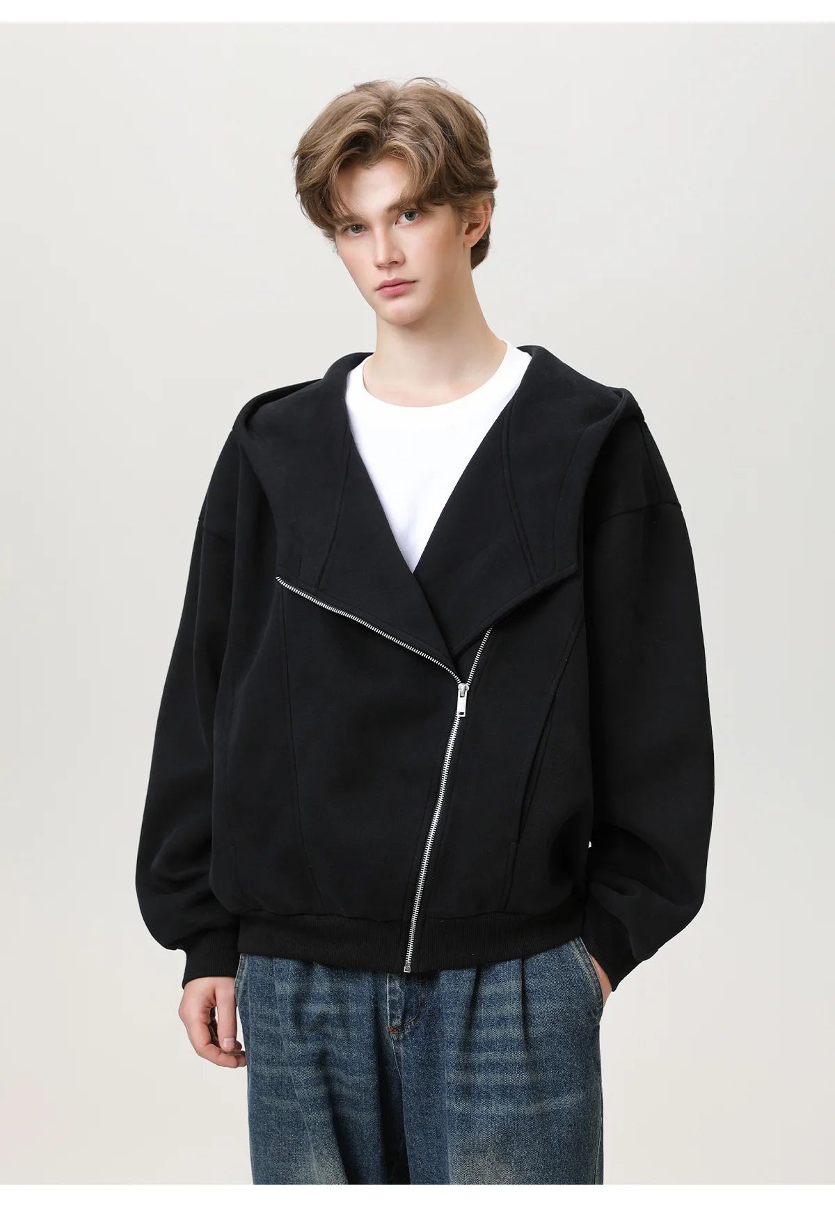 Slant Zipper Hooded Cardigan Jacket