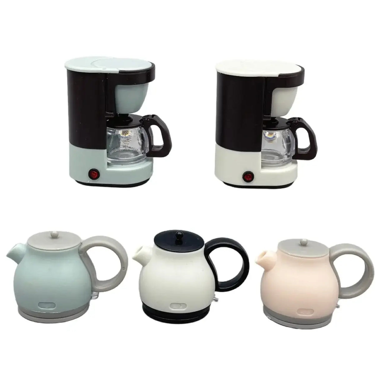 Mini home appliance set featuring coffee makers and teapots in pastel colors, ideal for newborn baby photography props.