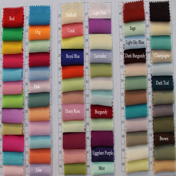 Color swatches for fabric options including red, pink, lavender, and burgundy for bridal or dressmaking projects.