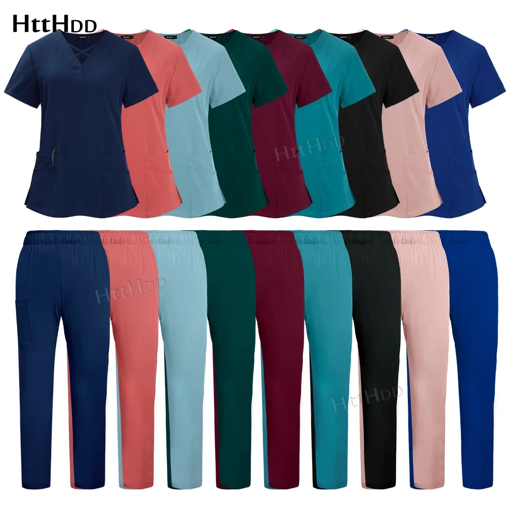 Nurse dental scrubs set including various colors, designed for women and men in medical and salon settings.