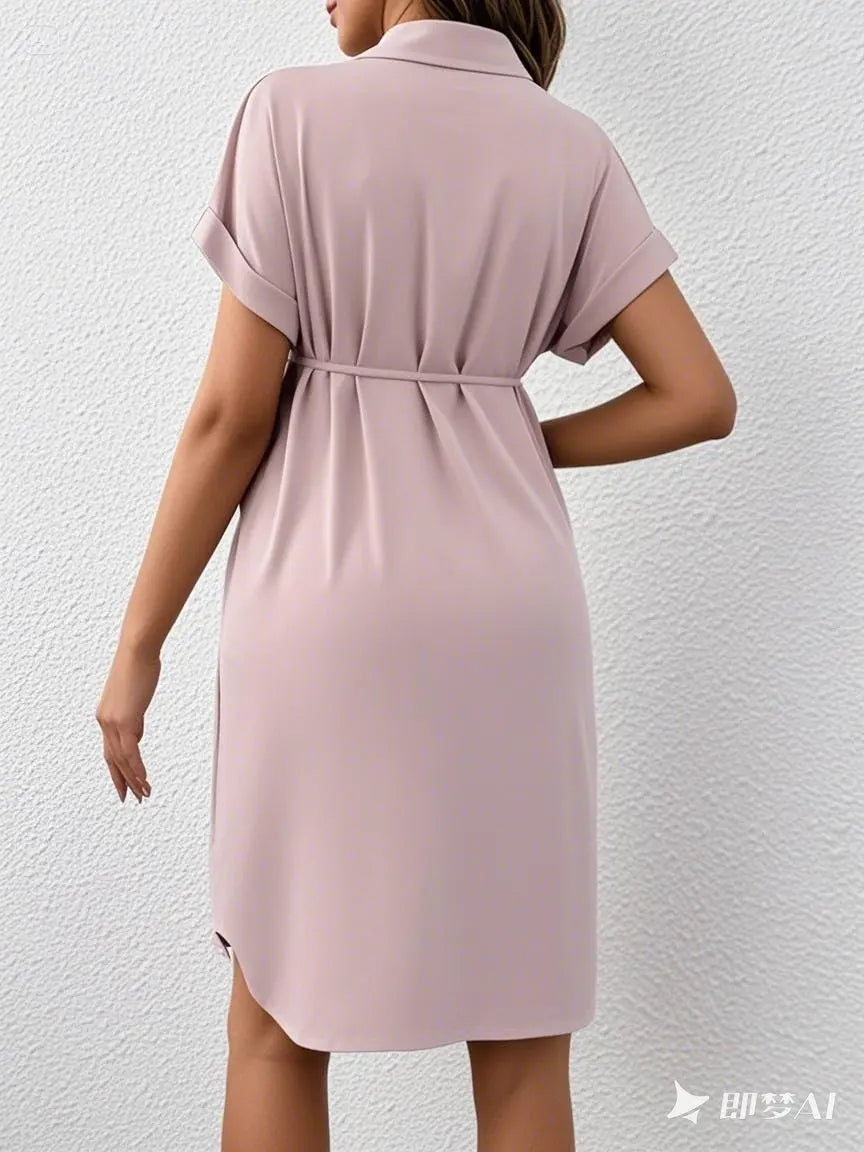 Casual summer maternity dress in solid pink with turn-down collar and short sleeves, perfect for expectant mothers.