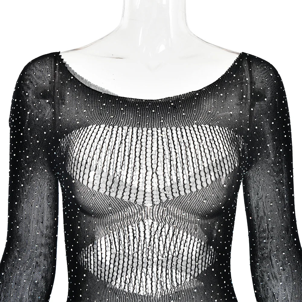 Women's Knitted Rhinestone Long Sleeve Bodysuit – Sexy Y2K Outfit