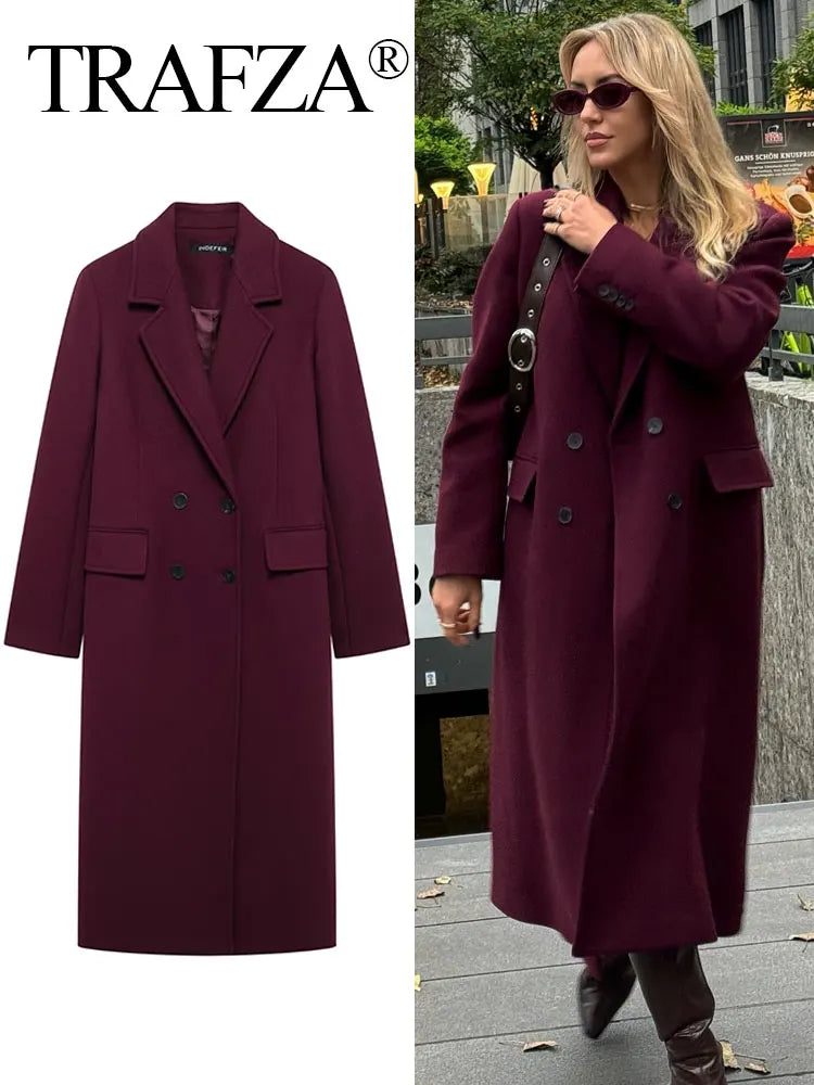 Burgundy Woolen Double Breasted Winter Coat