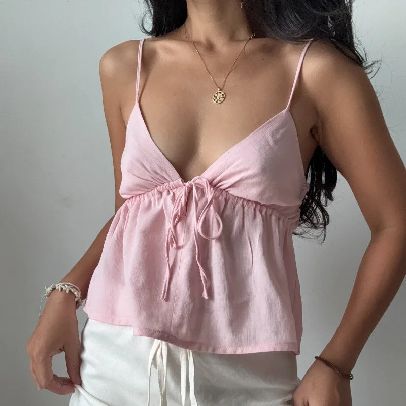 Off Shoulder V‑Neck Pink Crop Tank Top