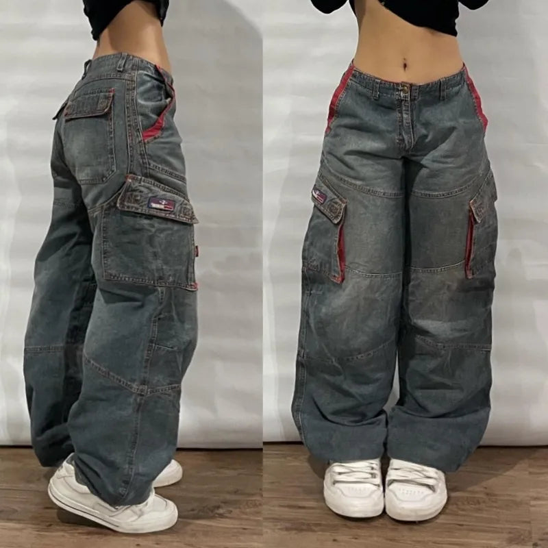 Y2K Multi-Pocket Washed Wide Leg Jeans for Women