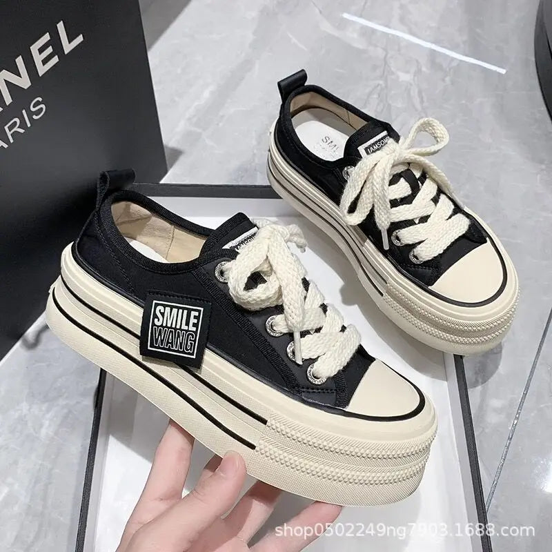 Women Canvas Shoes Black White Platform Sneakers