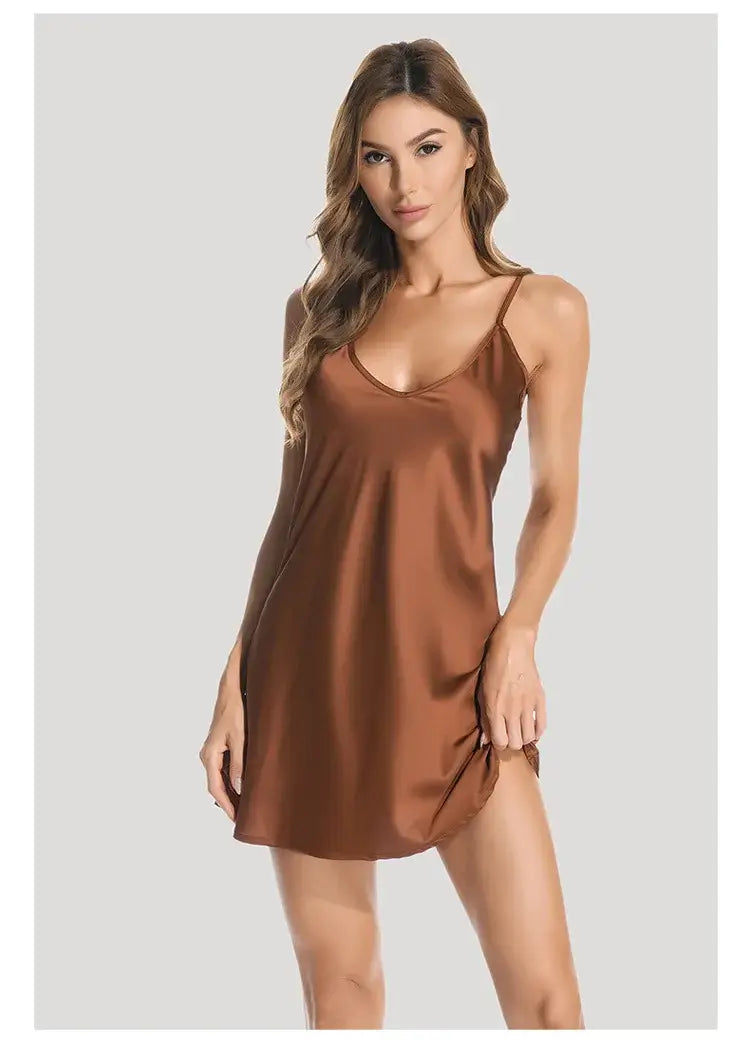 Women Ice Silk Satin Nightdress Sexy V-Neck Sleepwear