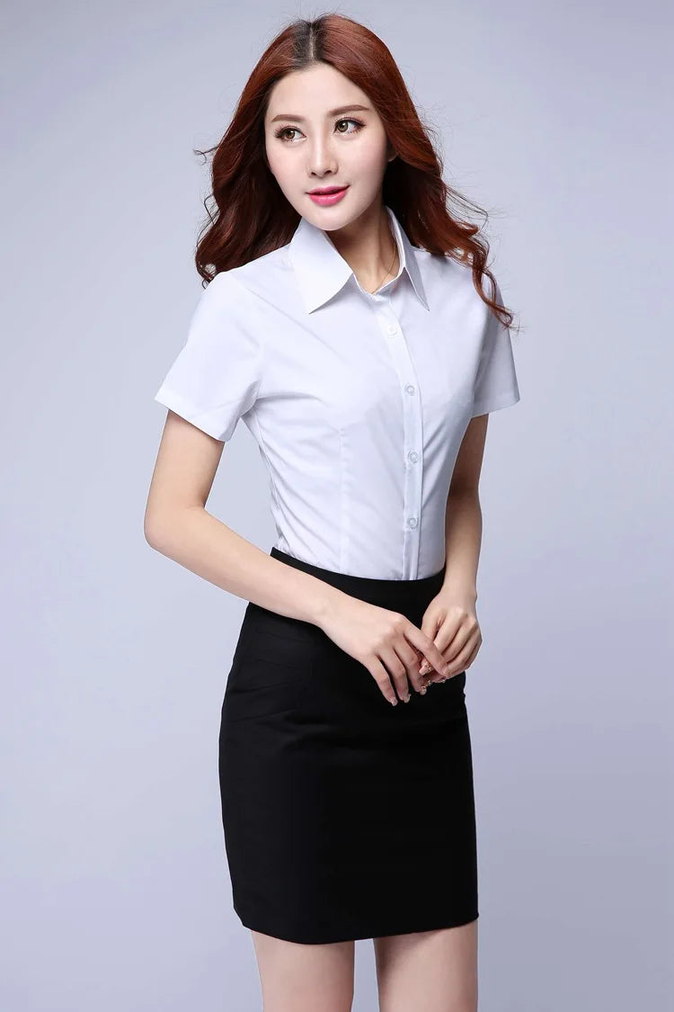 KoreLux™ white short sleeve shirt, youthful office style, slim fit, perfect for women's casual office wear.