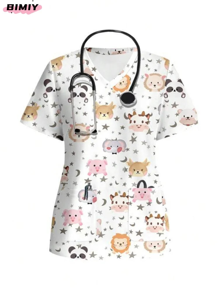 Colorful V-neck nursing scrub top with animal patterns and pockets, featuring a stethoscope, perfect for medical professionals.