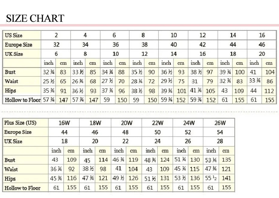 Size chart for wedding dresses including US, UK, and European sizes with corresponding measurements.