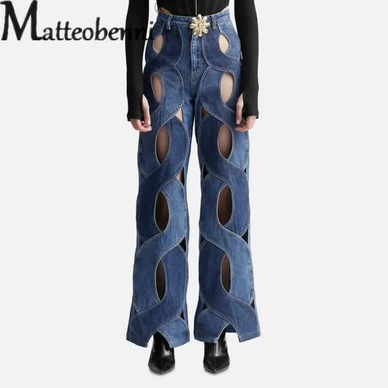 Women Hollow Out Stripe High Waist Jeans