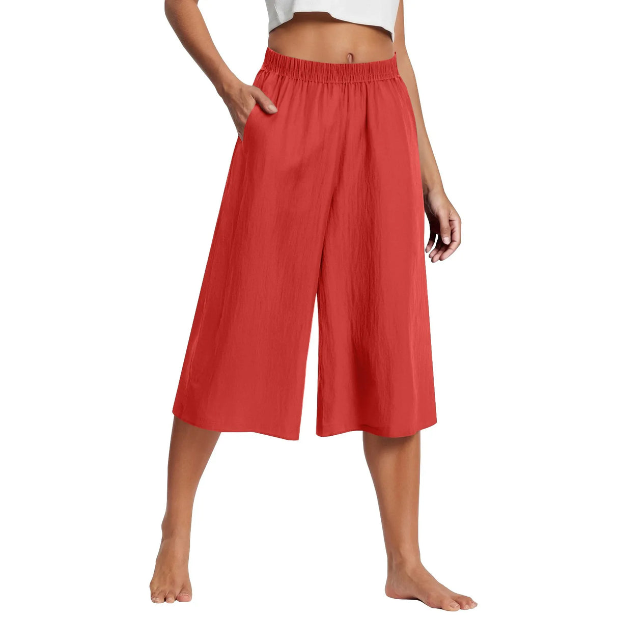 Women Wide Leg Cropped Pants with Pockets