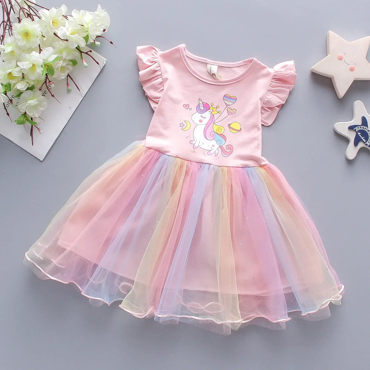 New summer unicorn party dress for girls aged 1-3, featuring colorful layers and cute cartoon design.