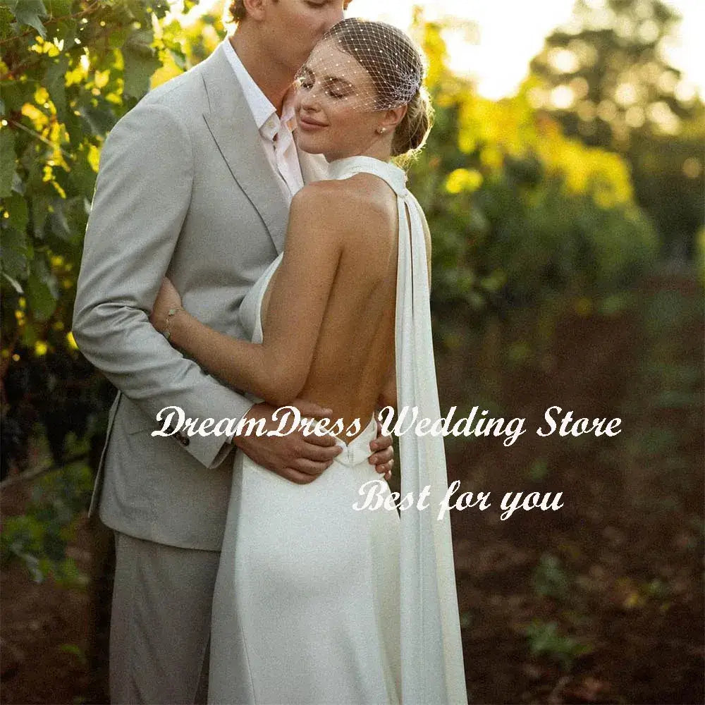 Women Mermaid Crepe Halter Wedding Dress Backless
