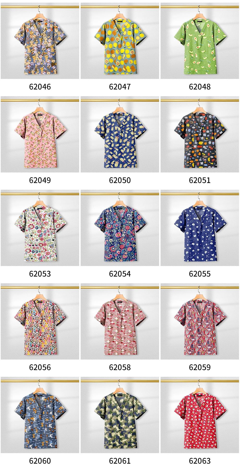 A collection of colorful short-sleeve shirts displayed on hangers, featuring various patterns and designs.