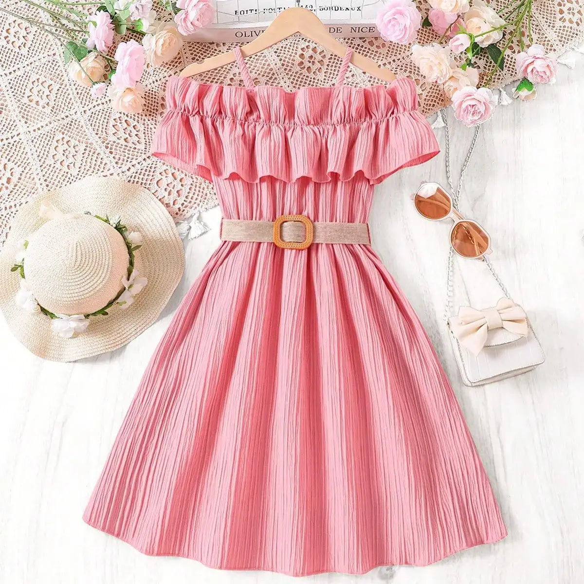 Girls summer casual knee-length dress with off-shoulder ruffles and belt, pink color, perfect for warm weather outings.