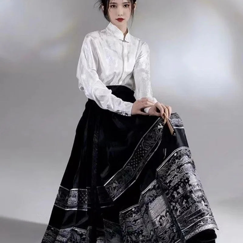 Woman wearing Horse Face Skirt Traditional Hanfu Outfit, featuring a stylish black and white design, perfect for cultural events.