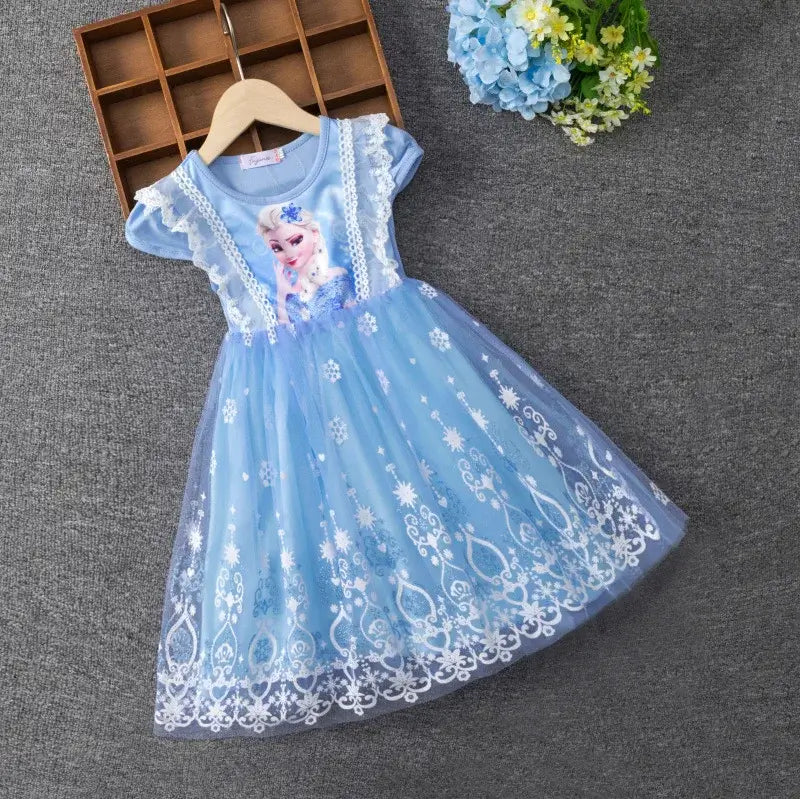 Girls summer flying sleeve dress featuring a blue design with a cartoon character and lace detailing, perfect for ages 4-6.