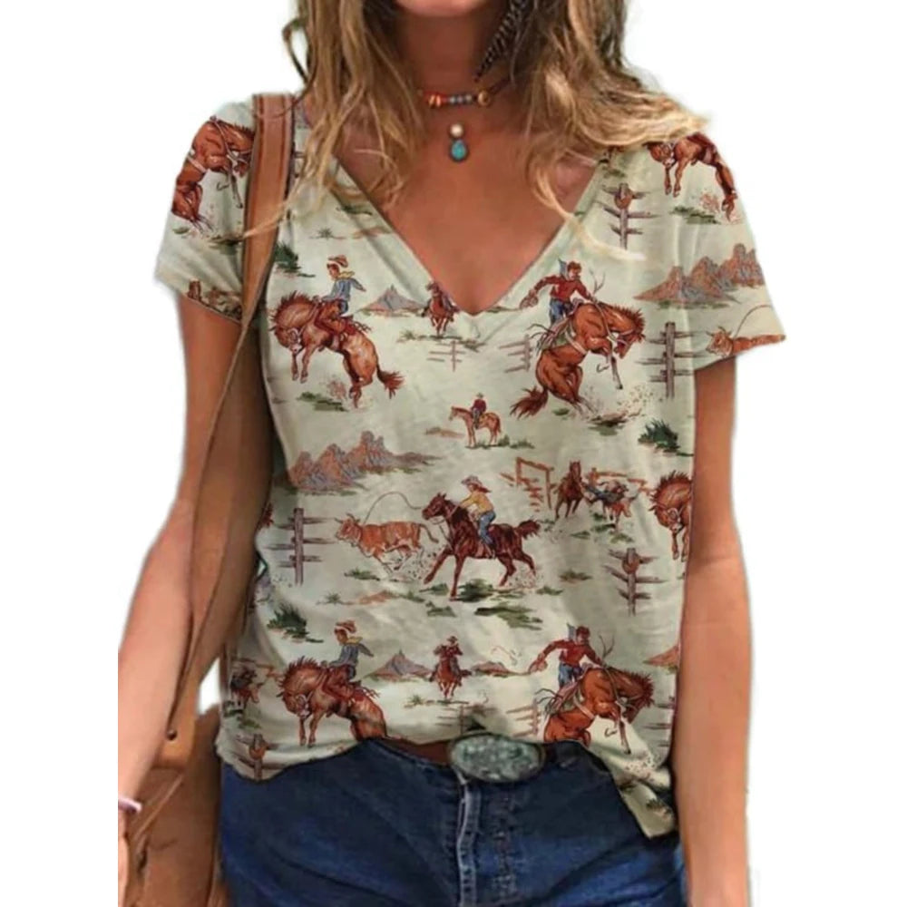 Western cowgirl graphic t-shirt with V-neck and horse riding pattern, perfect for casual wear or cowgirl style.