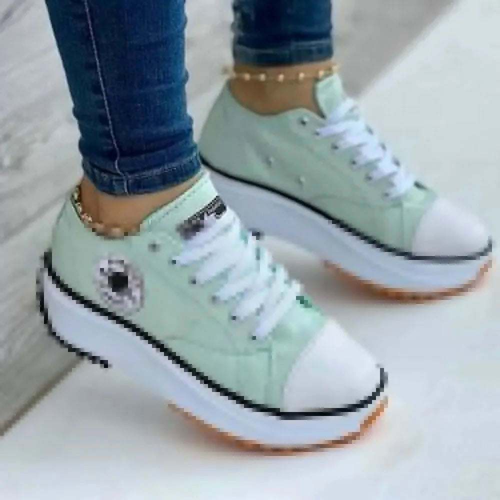 Women Canvas Pattern Sneakers Lace Up Flats
