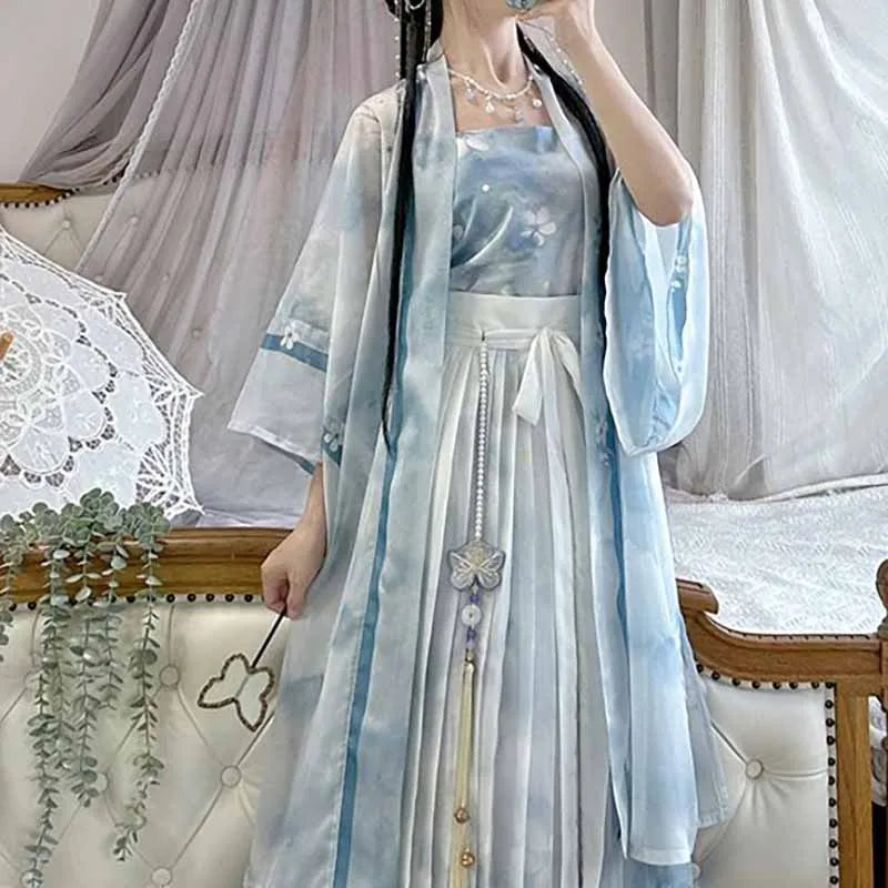 Vintage blue Hanfu cosplay dress 3-piece set with elegant layers and delicate details, perfect for summer parties.