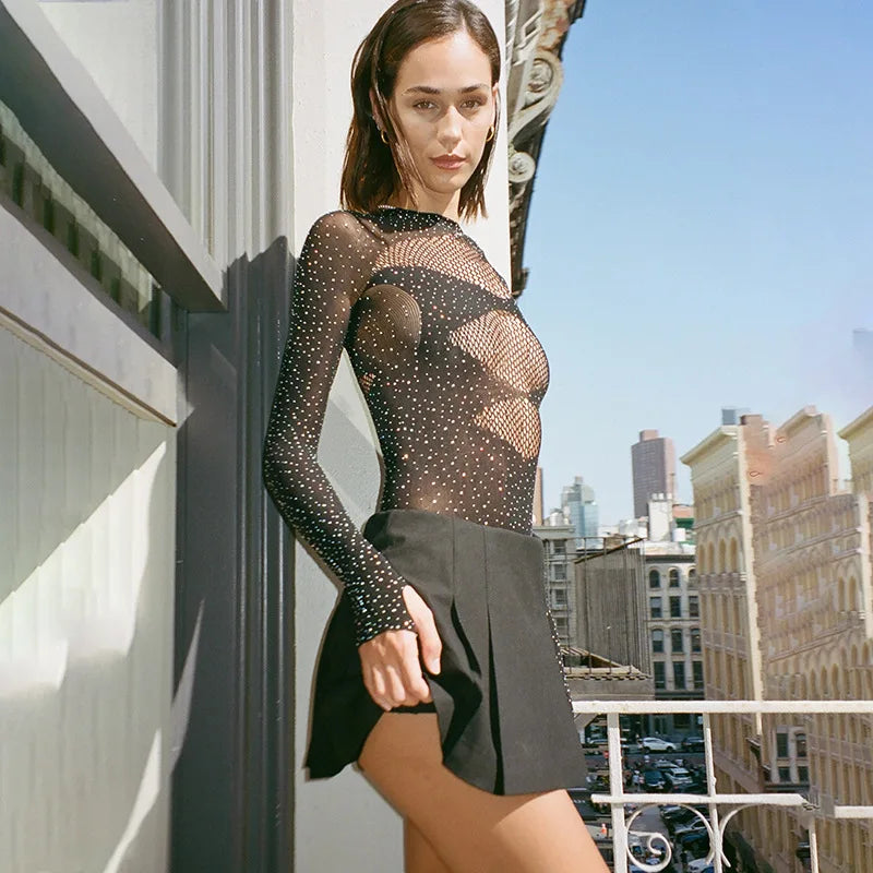 Women's Knitted Rhinestone Long Sleeve Bodysuit – Sexy Y2K Outfit