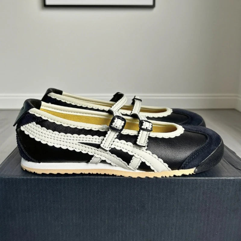 Women Ballet Flats Round Toe Lace Genuine Leather