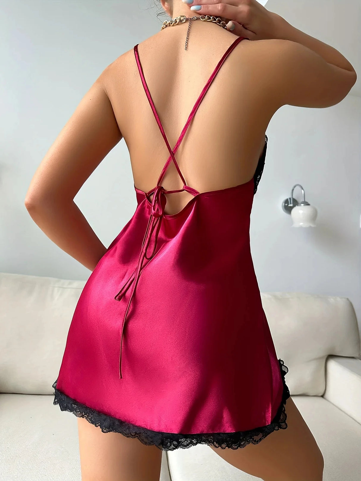 Women Open Back Lace Cami Set