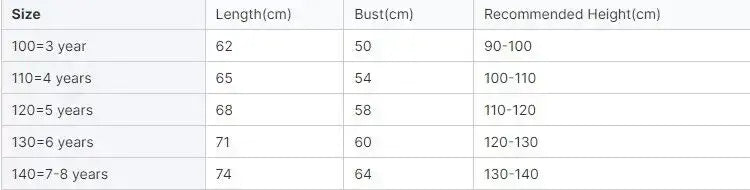 Size chart for children's dresses detailing lengths, bust measurements, and recommended heights by age.