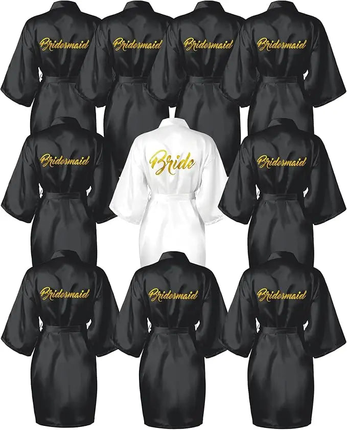 10-piece satin bride and bridesmaid kimono robe set in black and white, perfect for weddings and bridal showers.