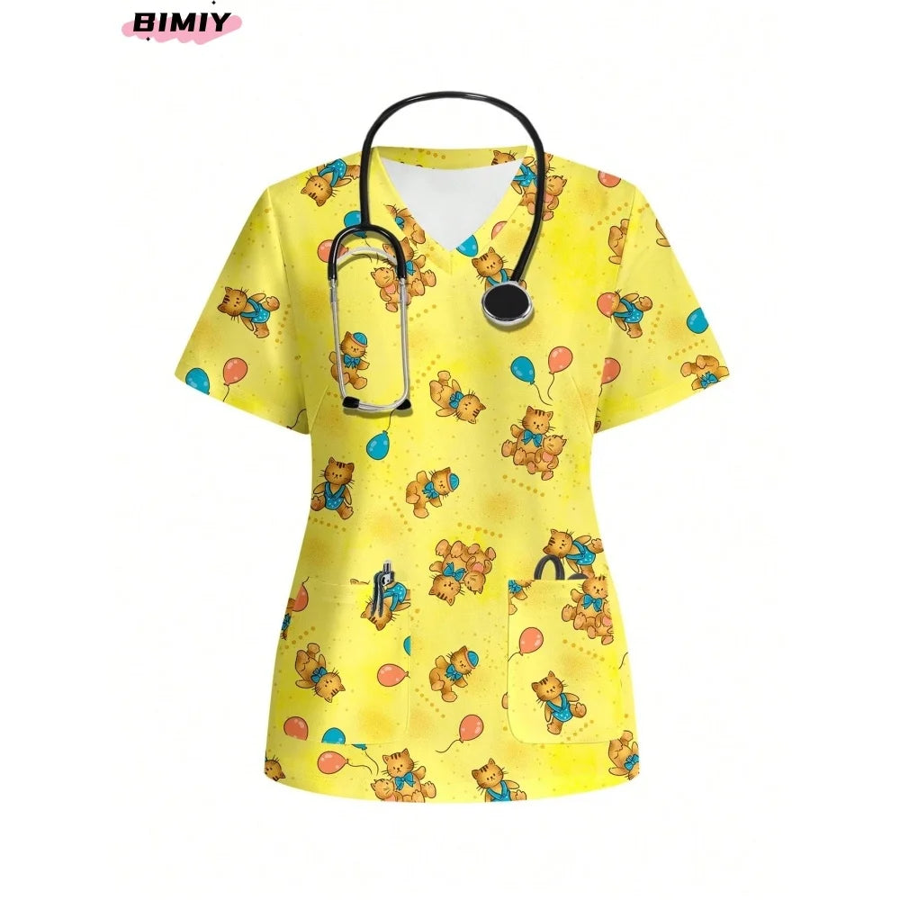 Colorful yellow nursing scrub top with cartoon bears and balloons, featuring a V-neck and pockets for women's medical uniform.