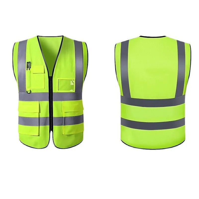 Unisex breathable safety vest in vibrant yellow with reflective stripes and multiple pockets for utility and safety.