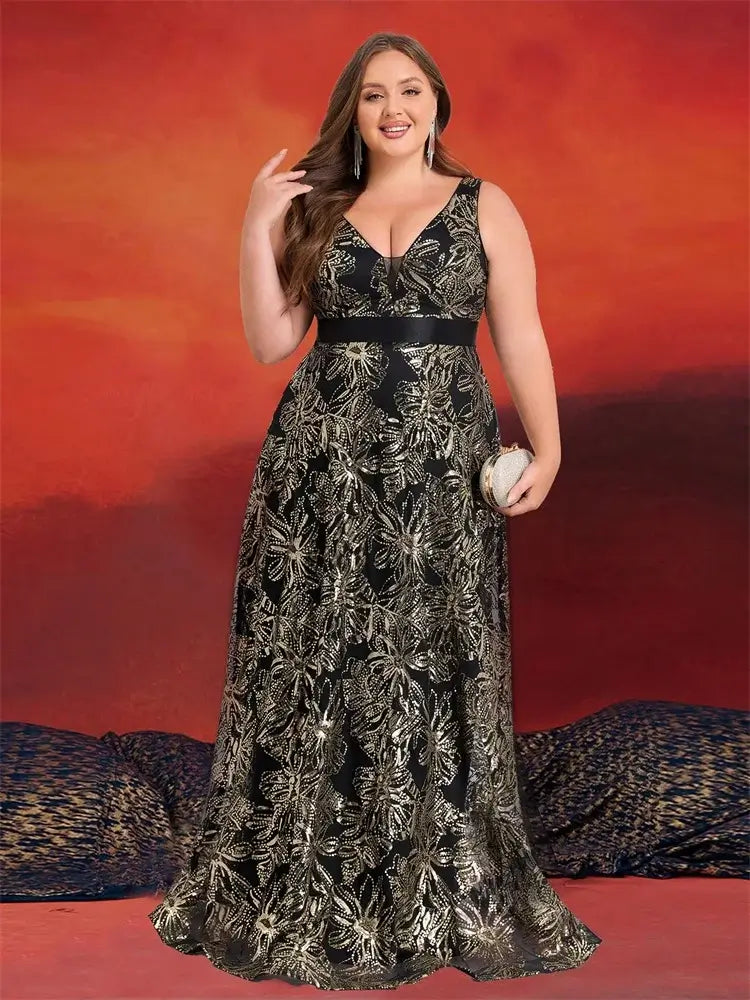 Women Plus Size Sequin Evening Dress Deep V Prom Gown