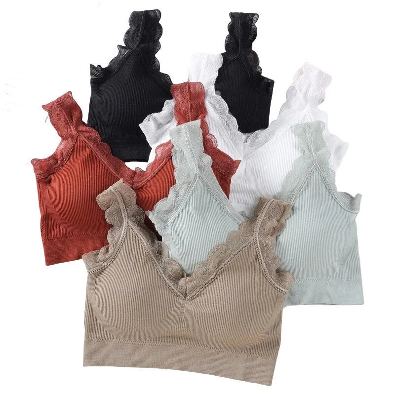 Collection of WireFreeFlex™ seamless tank bra tops in various colors with lace decoration for women's daily comfort.