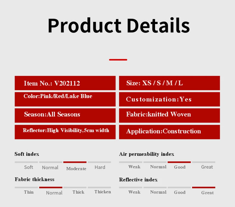 Product details for High Visibility Pink Safety Vest, including sizes, color options, fabric type, and application.