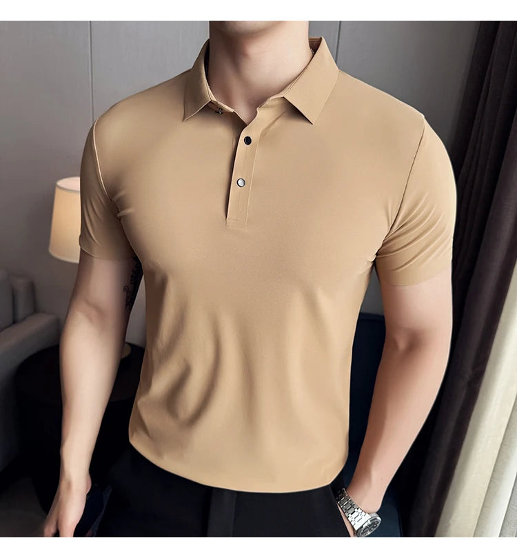 Men Ice Silk Polo Shirt Brown Top