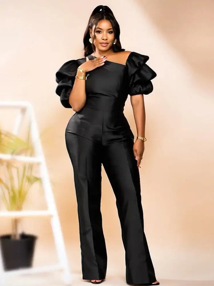 Women Satin Puff Sleeve Party Jumpsuit
