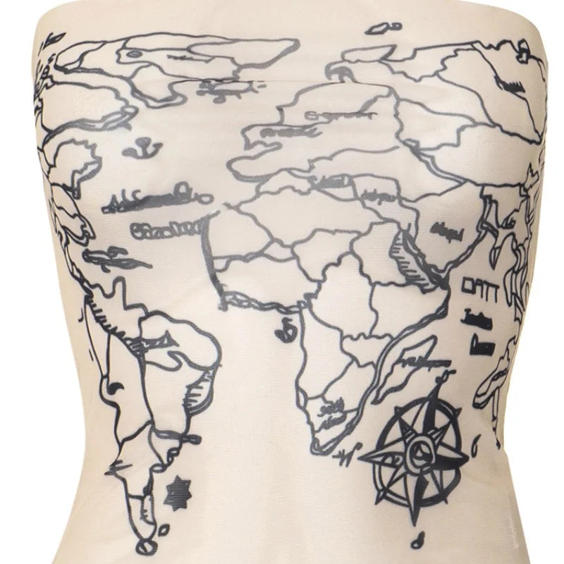 Sleeveless tube crop top featuring a world map print design, perfect for summer fashion.
