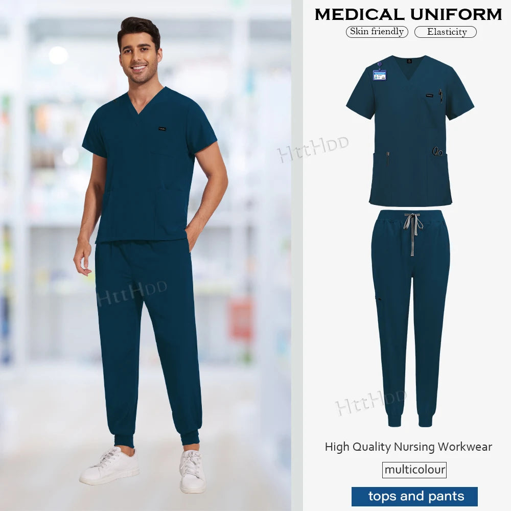High quality medical scrub uniform set for nursing, featuring breathable fabric and unisex design, in a dark blue color.