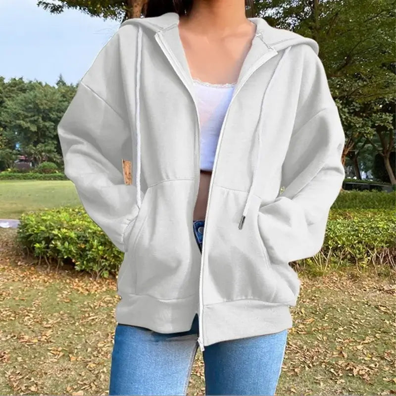 Women Fleece Hoodie Solid Color Zip Up Sweatshirt