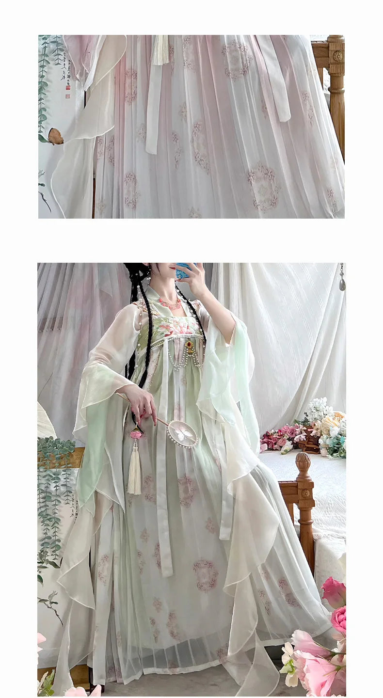 Vintage Chinese Style Hanfu Dress with floral patterns and flowing layers, perfect for women's traditional attire.