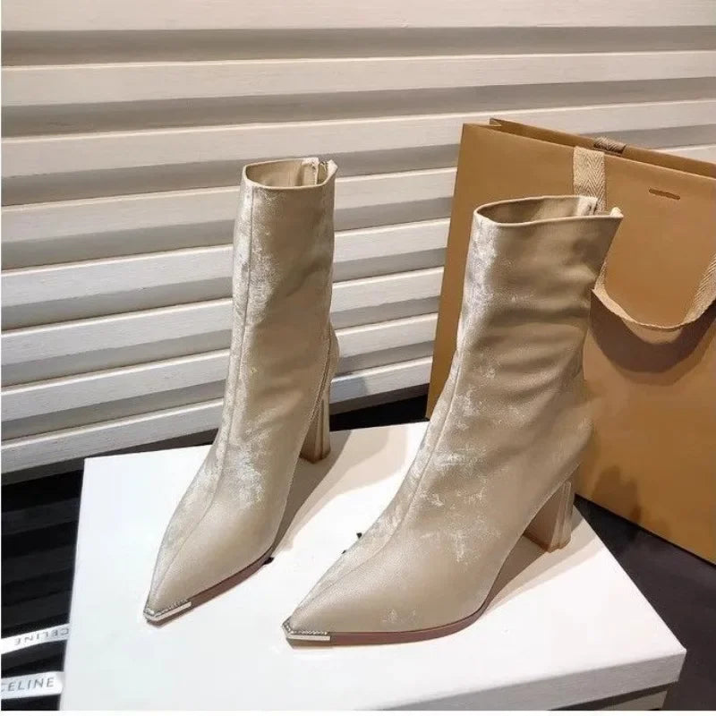 Women Mid Calf Boots Leather Cowboy Heels