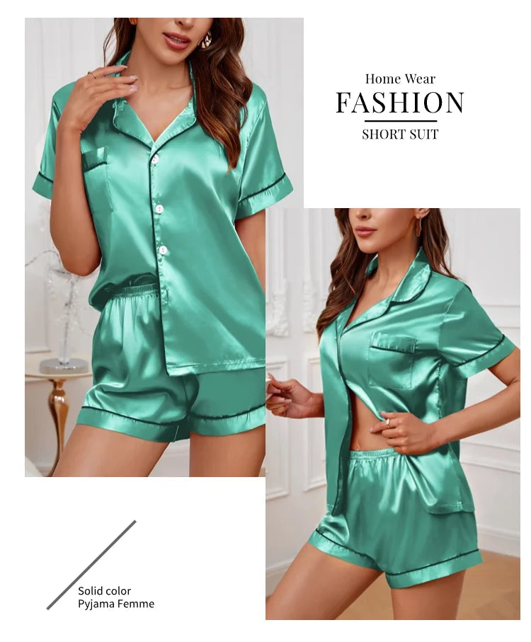 Women Satin Button Down Pajama Set