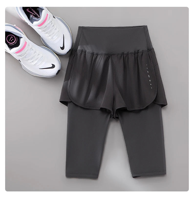 DRUR Knee-Length 2-in-1 Women's Yoga Shorts – High Waist Summer Gym Pants