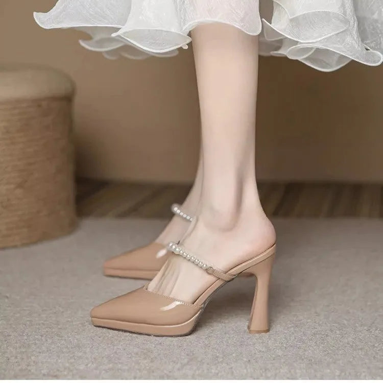 Women’s Slippers Beige Pointed Toe Heeled Slides
