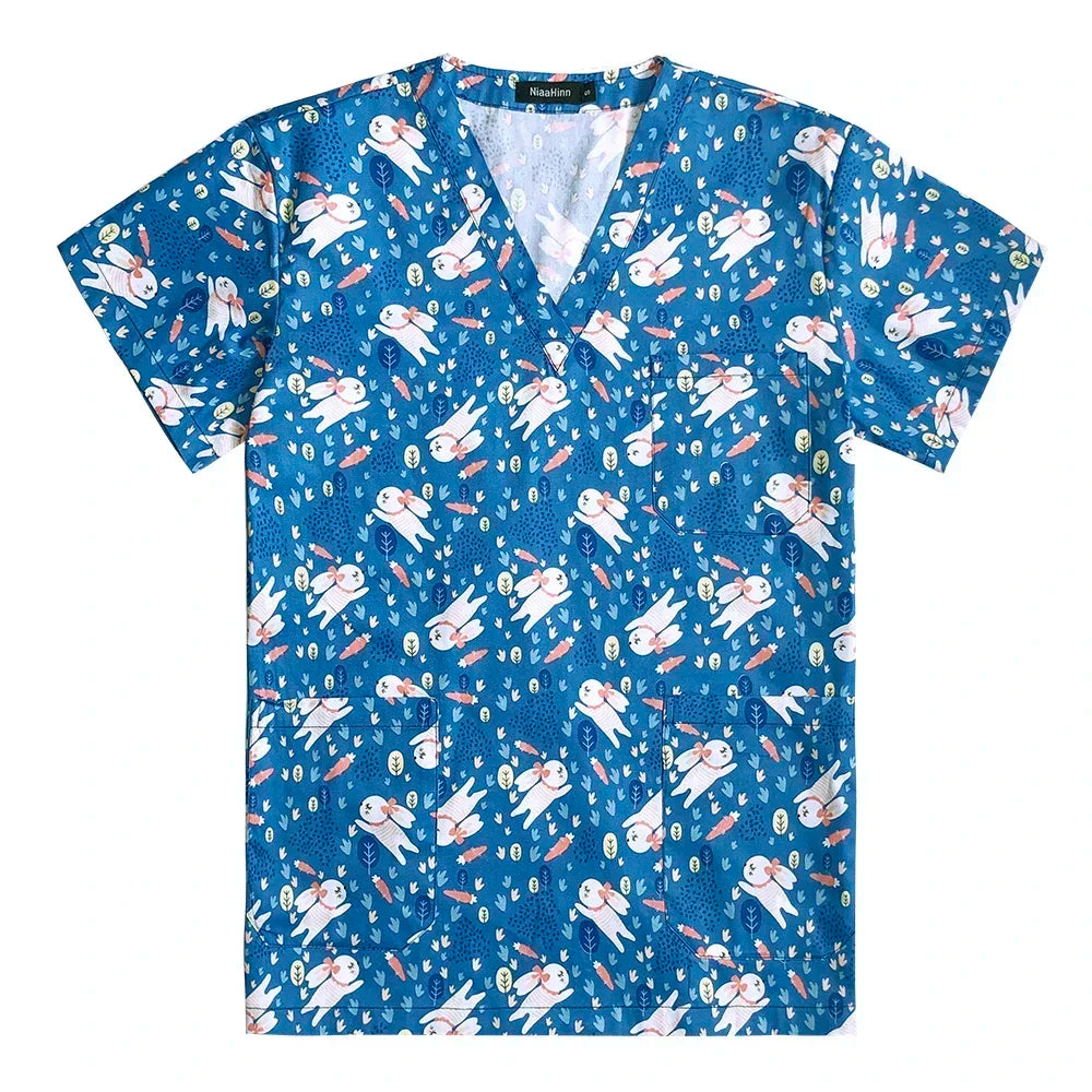 Vibrant blue women’s hospital nurse scrubs with playful anime characters and flower patterns, perfect for medical professionals.